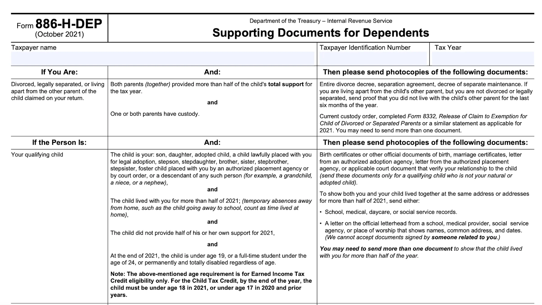 Part of a blank Form 886-H-DEP, Supporting Documents for Dependency Exemptions