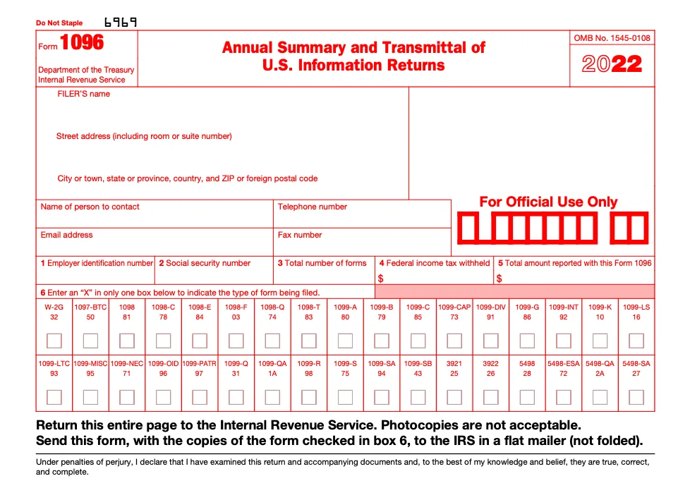 The top portion of a blank Form 1096, showing its red-inked appearance