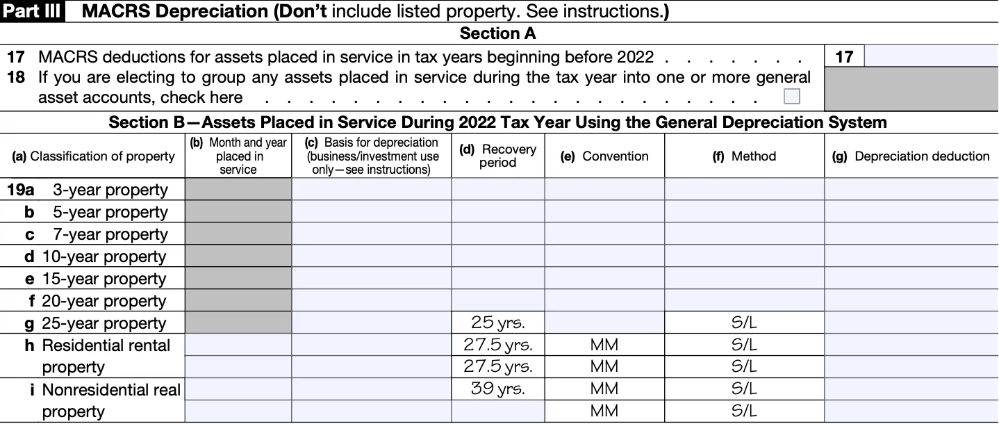 Part III of a blank Form 4562, for "Depreciation and Amortization"