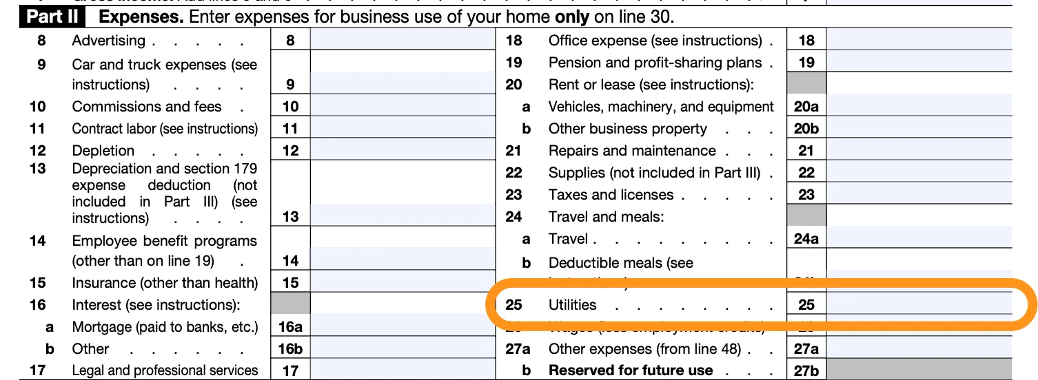 part II of the schedule C form with line 25 ("utilities") circled in orange
