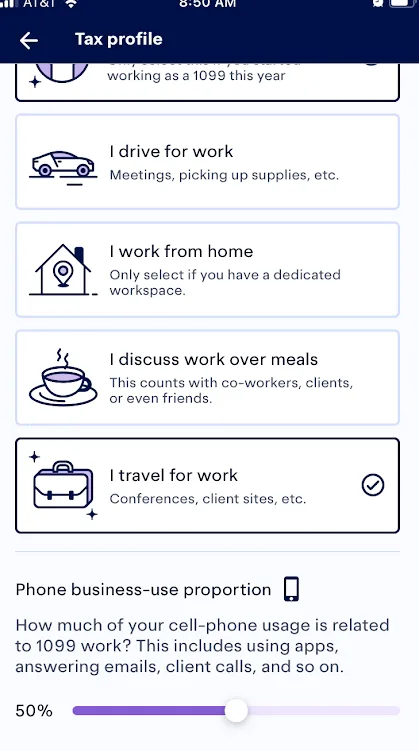 Screenshot of Keeper's tax profile section, where you can select whether you drive for work, work from home, discuss work over meals, or travel for work