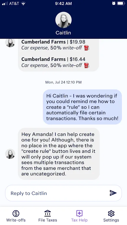 Screenshot of an in-app exchange between a Keeper user and their tax assistant. The tax assistant is helping the user create a rule