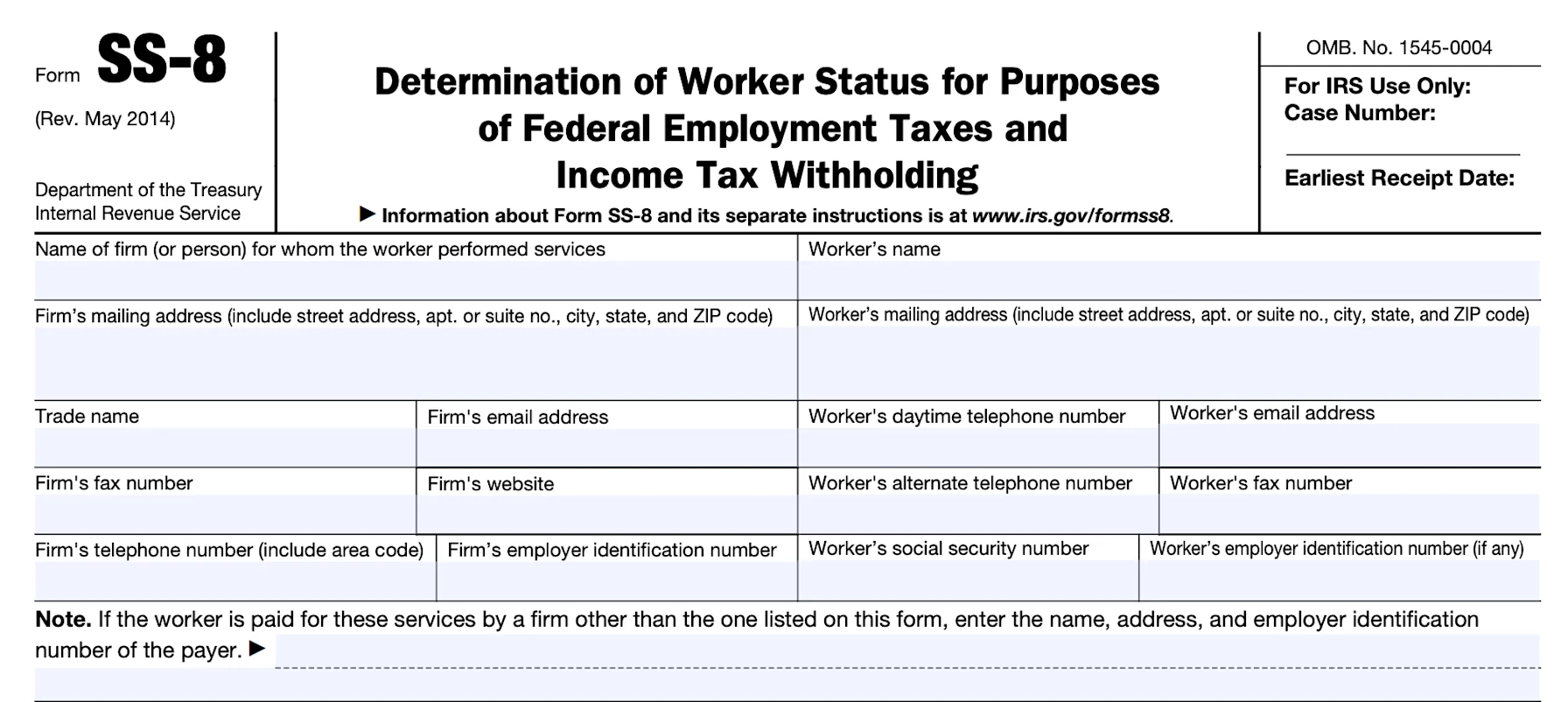 The top portion of a blank Form SS-8, sent to the IRS to determine whether a work is an employee or an independent contractor