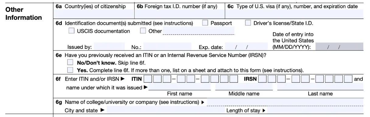 Part of a blank Form W-7 showing fields for "Other Information"