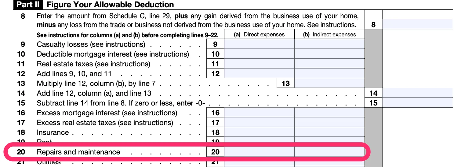 Part II of Form 8829, with line 20, for home repairs and maintenance, circled in pink