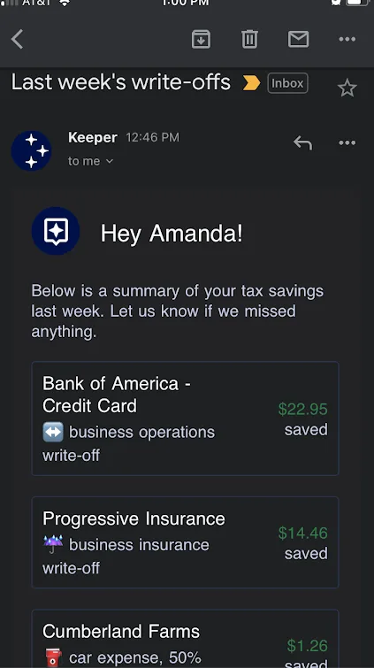 Screenshot of a summary email from Keeper showing write-offs for business operations, insurance, and car expenses