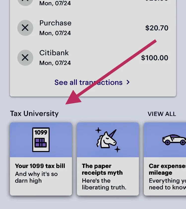 Screenshot of Keeper's in-app "Tax University" feature, with a pink arrow pointing to an article called "Your tax bill and why it's so darn high"