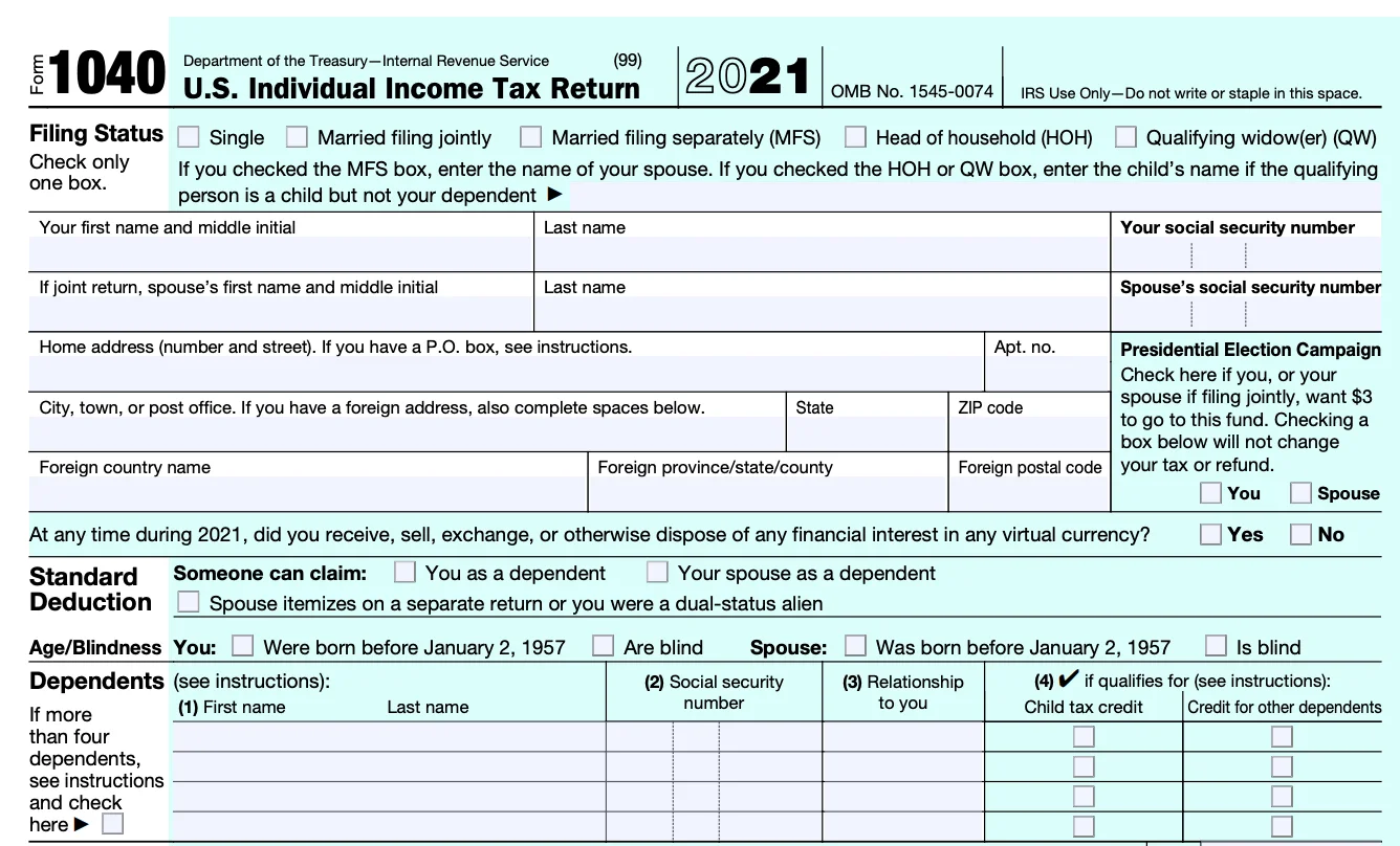 A blank Form 1040, used for an Individual Income Tax Return