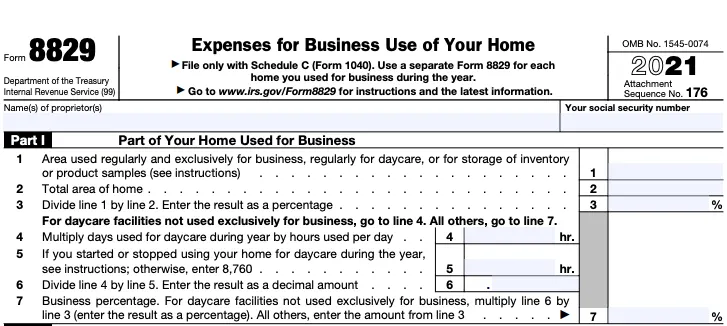 A blank Form 8829, used to record expenses for a home office