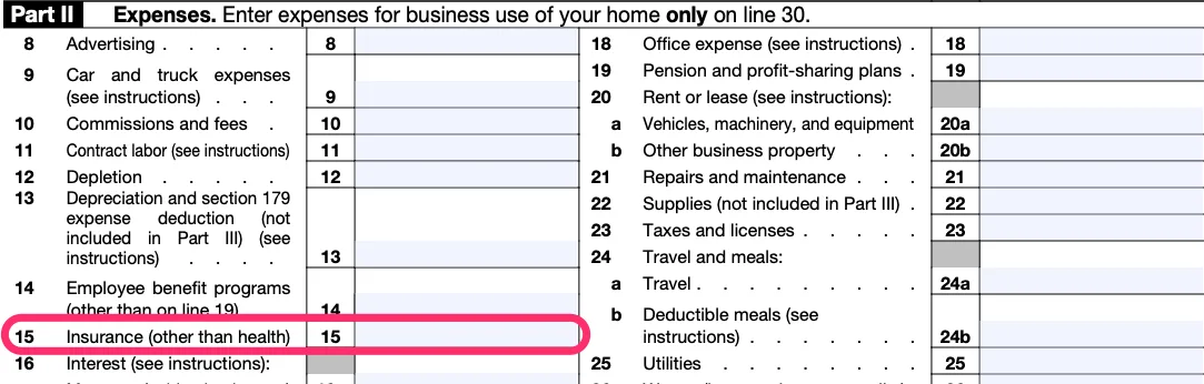 Part II of a blank Schedule C, with line 15, for "Insurance (other than health)" circled in pink