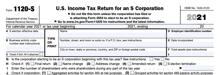 Part of a blank Form 1120-S, for U.S. Income Tax Return for an S Corporation