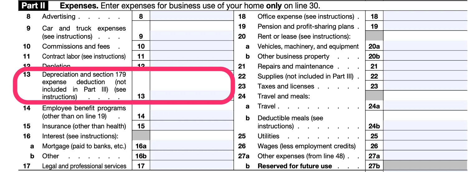 Part II of a blank Schedule C, with box 13, for "Depreciation and section 179 expense deduction," circled in pink