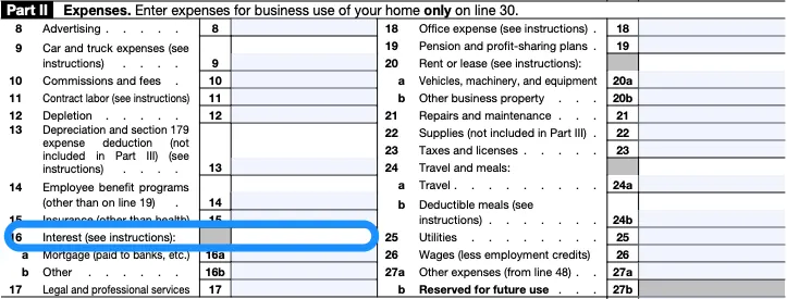 Blank Schedule C with box 16, for "Interest," circled in blue