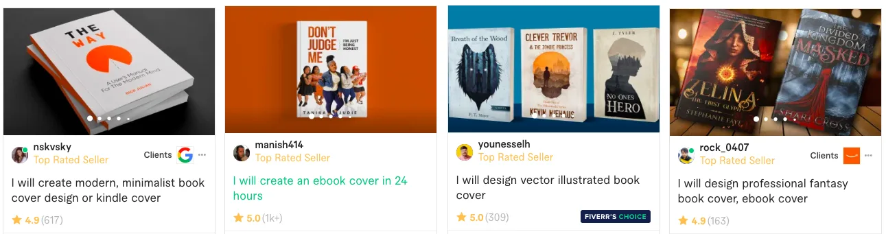 Four gigs from top-rated book designers nskvsky, manish414, younesselh, and rock_0407