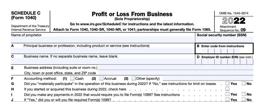 The top part of a blank Schedule C, used to report self-employment income and business write-offs