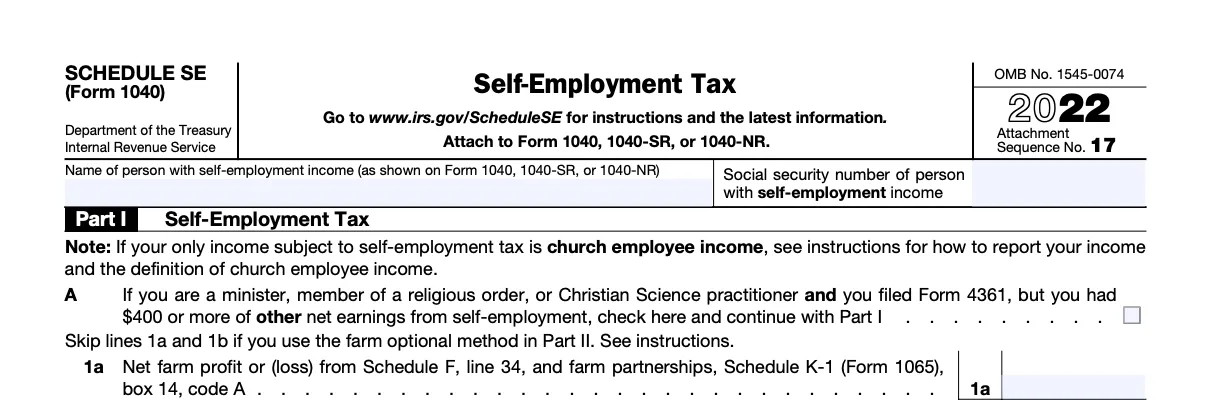 The top part of a blank Schedule SE, used to calculate self-employment tax