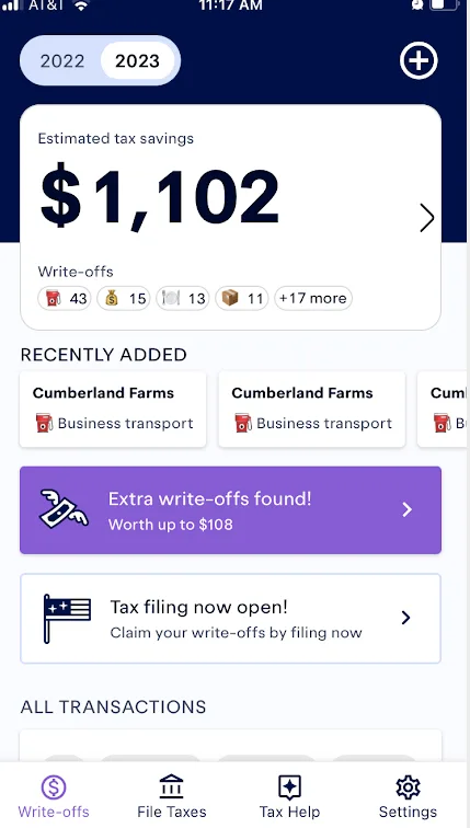 Screenshot of the Keeper app's home screen showing $1,102 in estimated tax savings and up to $108 in extra write-offs not yet reviewed