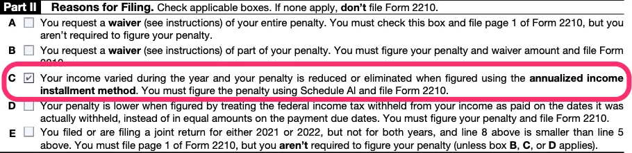 Part II of a Form 2210, with box C checked and circled in pink.
