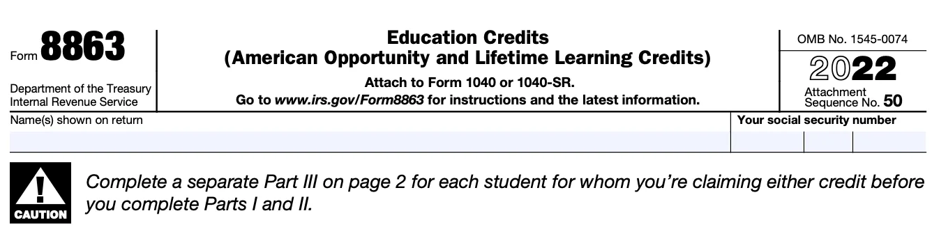 The top portion of Form 8863, for Education Credits