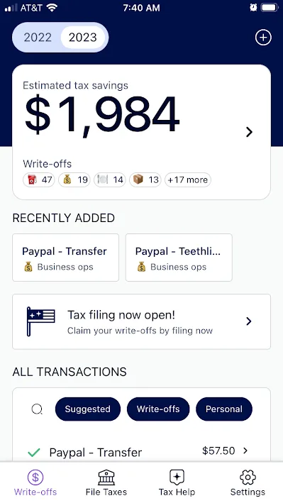The Keeper app's home screen, showing $1,984 in estimated tax savings for 2023