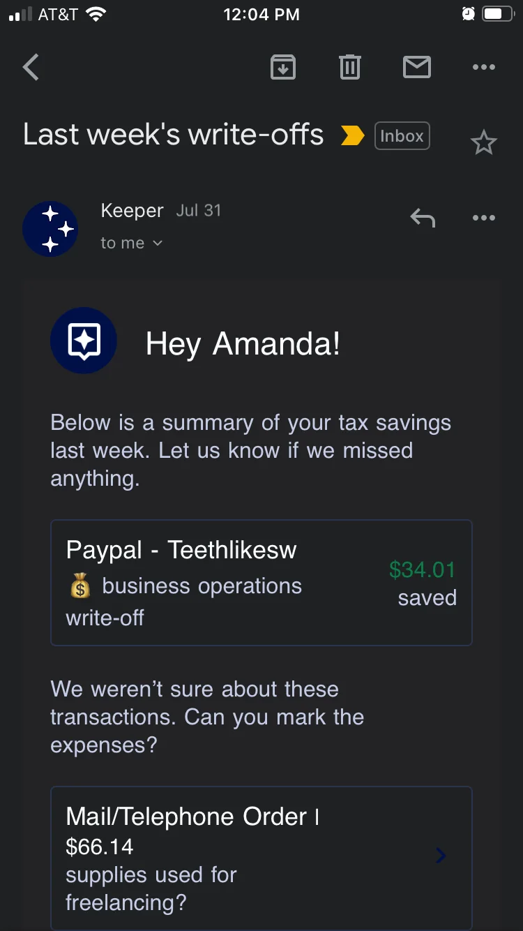 A weekly email from Keeper showing a newly added write-off from PayPal and a telephone order to be categorized