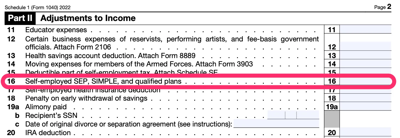 Part II of a blank Schedule 1, with line 16, for self-employed SEP, SIMPLE, and qualified plans, circled in pink