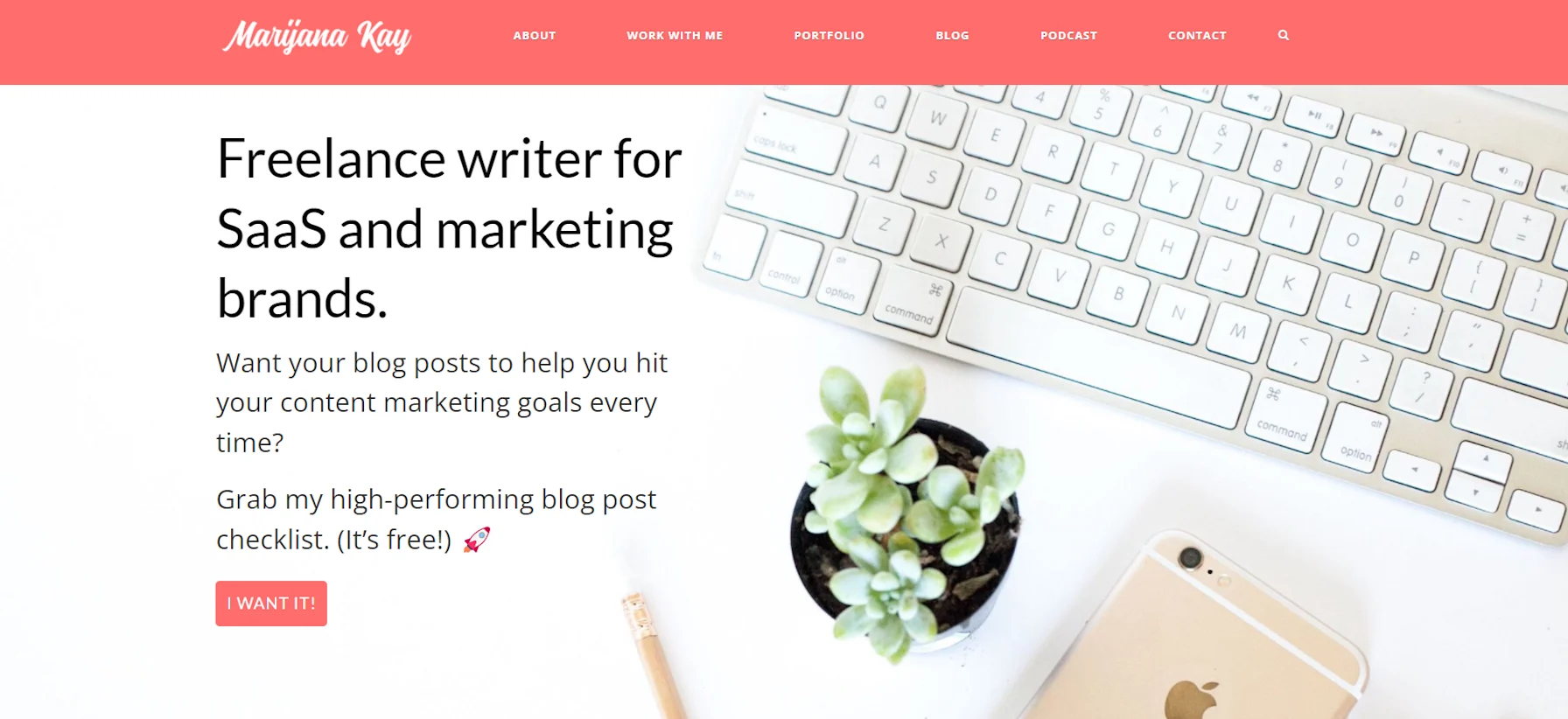 Screenshot of freelance writer Marijana Kay's writing portfolio