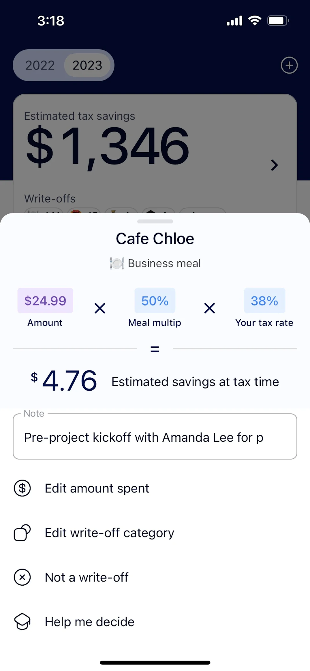 Screen from the Keeper app showing a note added to a cash expense of 24.99 for a business meal at Cafe Chloe