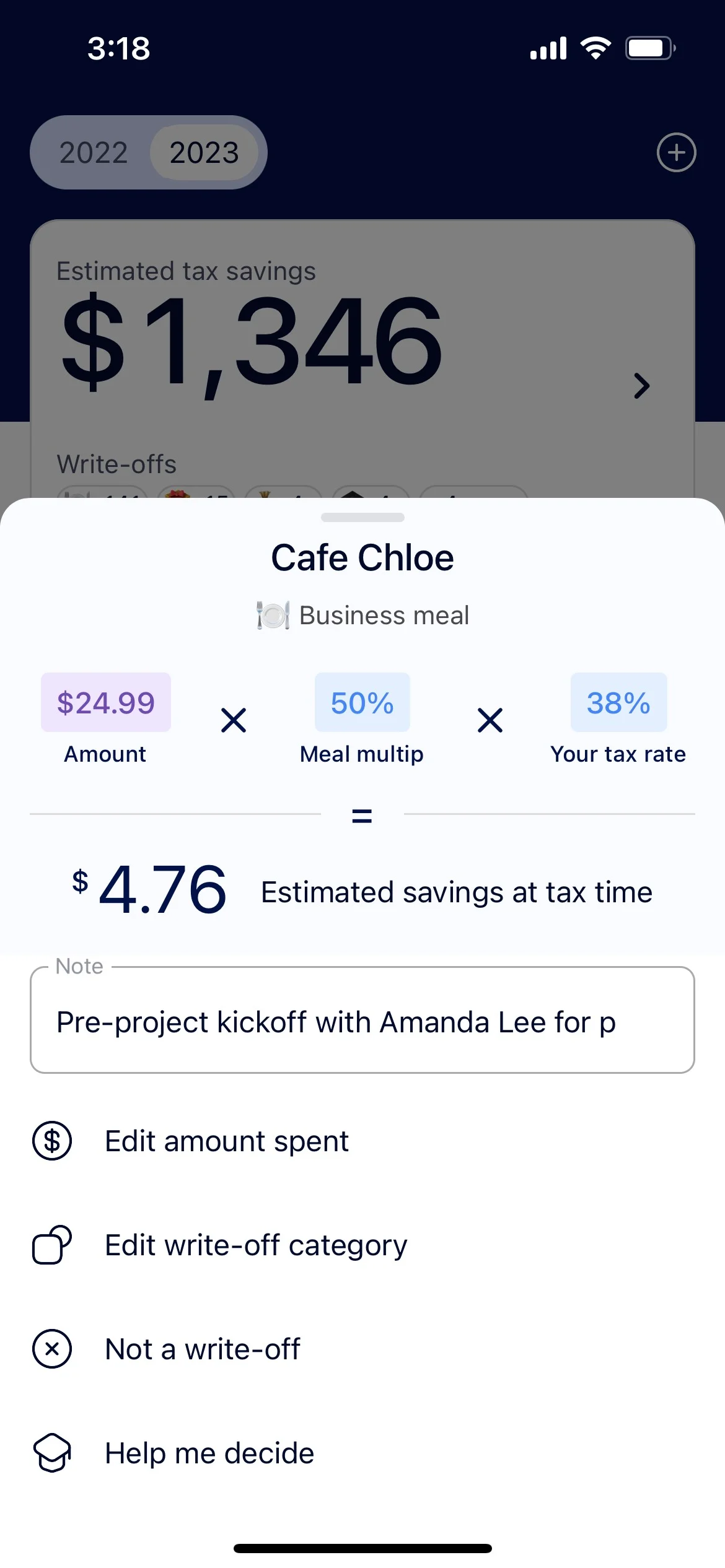Screen from the Keeper app showing a note added to a cash expense of 24.99 for a business meal at Cafe Chloe
