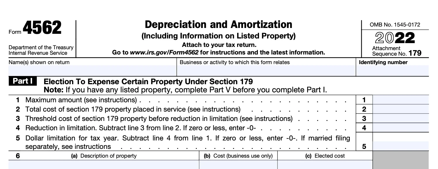 Part I of a blank Form 4562, for "Election to Expense Certain Property Under Section 179)"