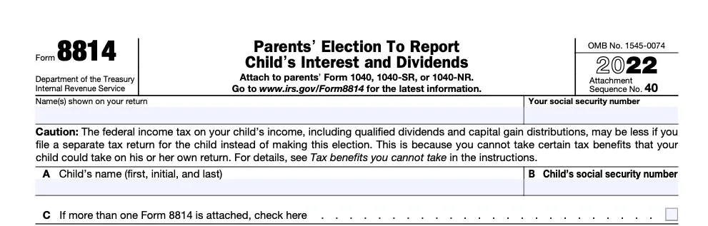 The top part of a blank Form 8814, used by parents who choose to report their child's unearned income on their own tax return