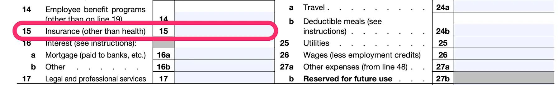 Part of a blank Schedule C, with line 15, for "Insurance (other than health" circled in pink