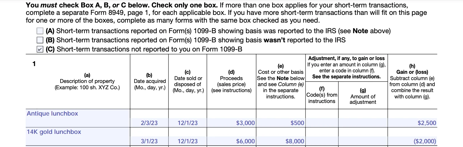 a filled-out Part 1 of Form 8949 depicting the sale of two valuable lunchboxes