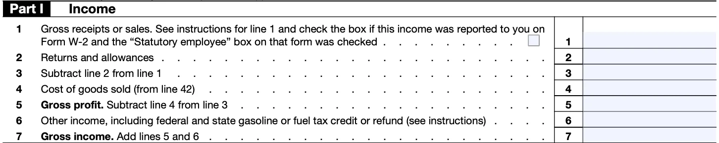 part I of the schedule C form, "income"