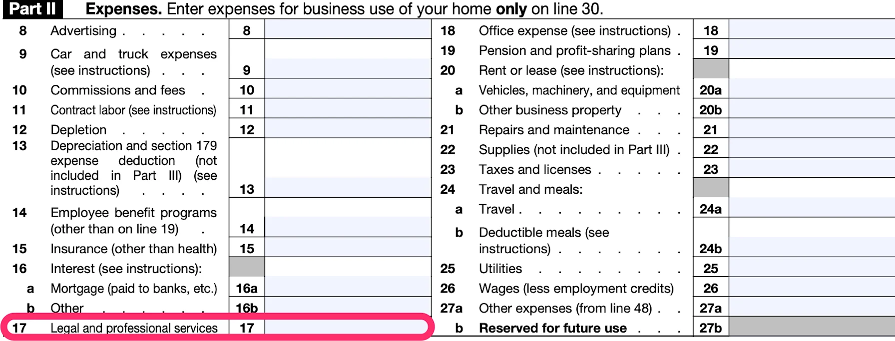 Part II of a blank Schedule C with box 17, for "Legal and professional services," circled in pink