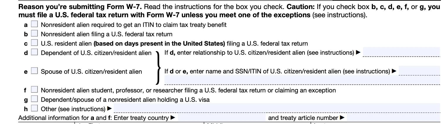Part of blank Form W-7 with checkboxes for reasons for submitting