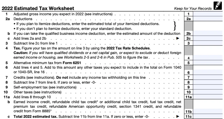 Part of a blank 2022 estimated tax worksheet, from Form 1040-ES