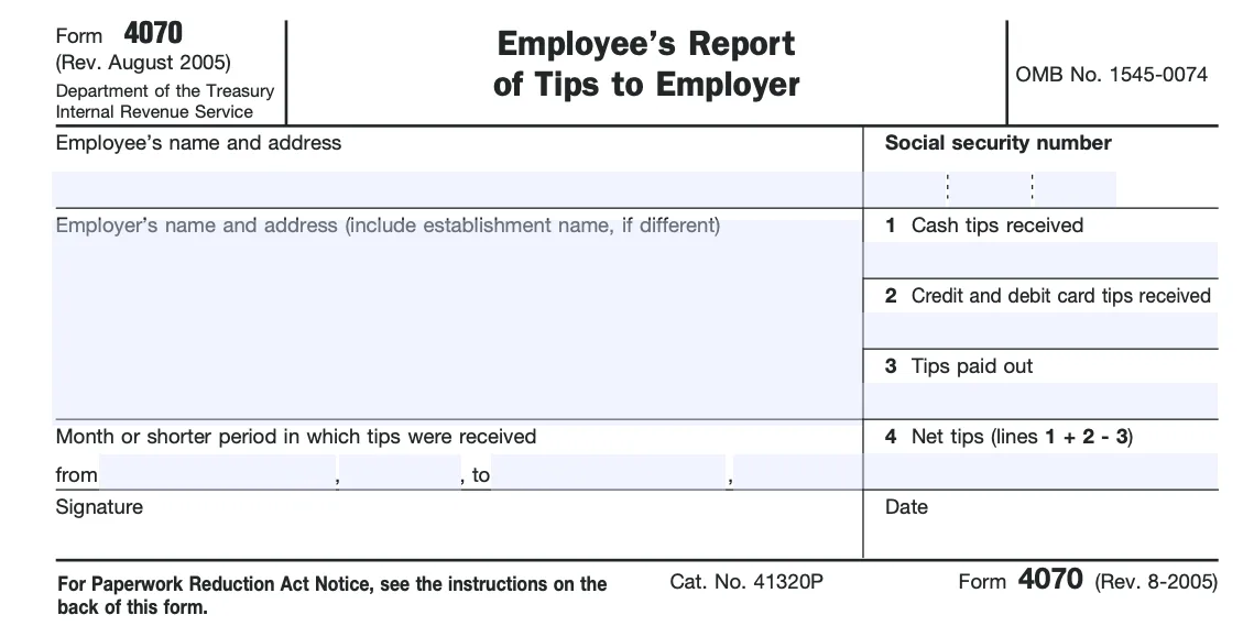 Part of a blank Form 4070, used by employees to report tips to their employers