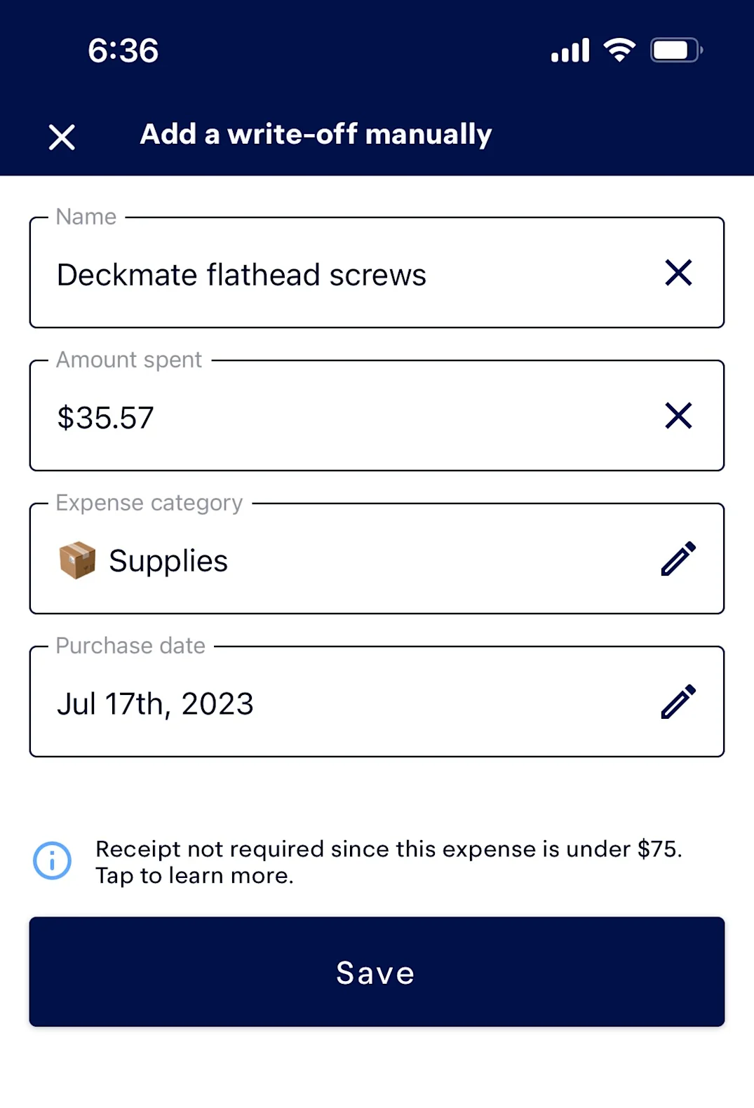 Screenshot of a cash expense, flathead screws, being manually added to Keeper