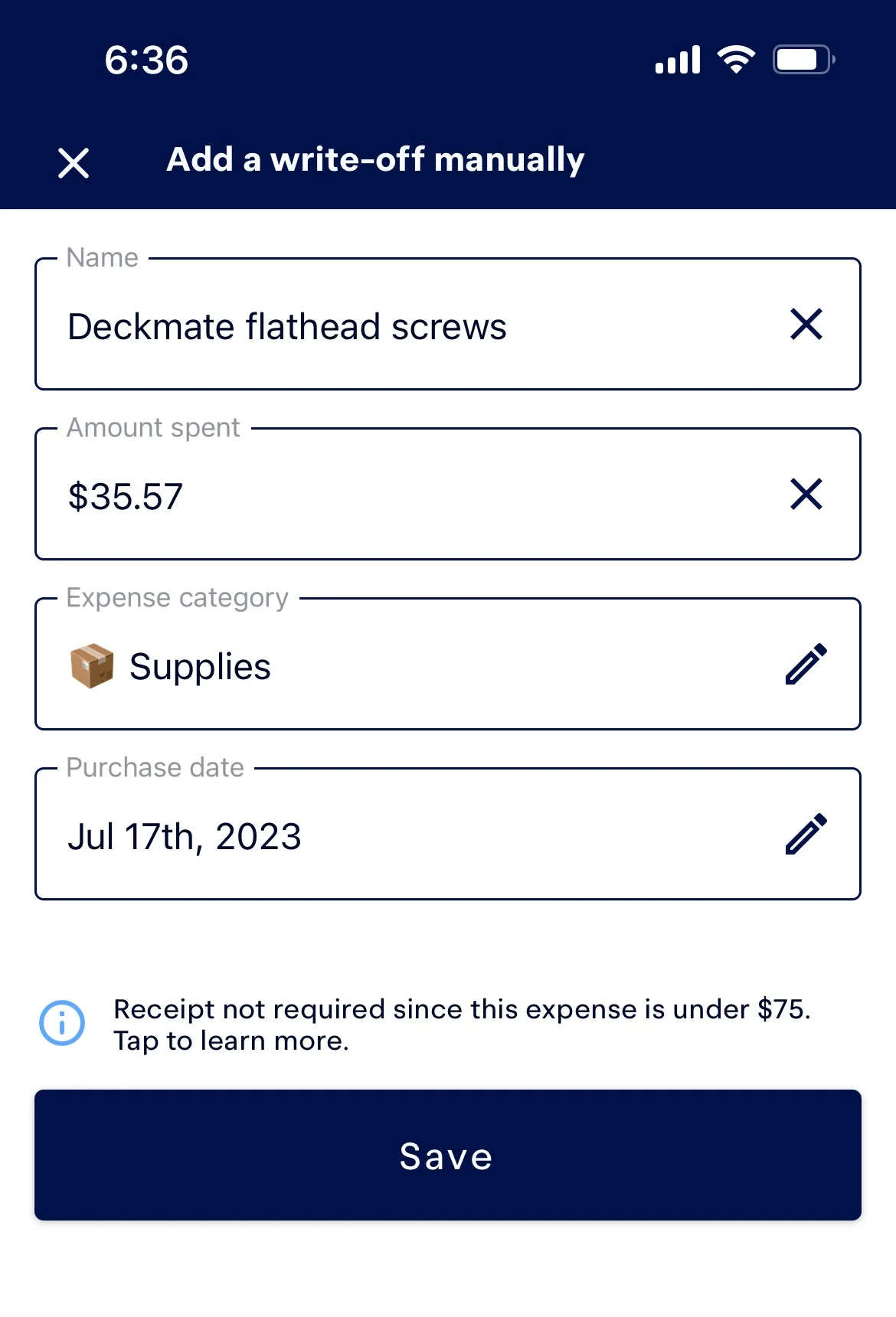 Screenshot of a cash expense, flathead screws, being manually added to Keeper
