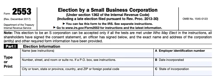Part of a blank Form 2553, for Election by a Small Business Corporation