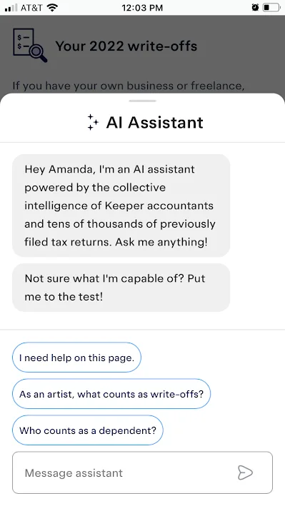 Messages from Keeper's AI Assistant, accessible when filing taxes through the app