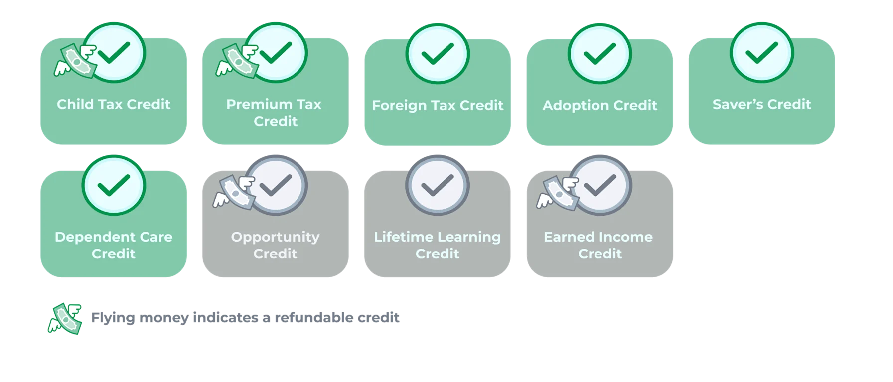 Nine tax-credit tiles representing the major individual tax credits; three are grayed out to indicate that nonresidents can't claim them.