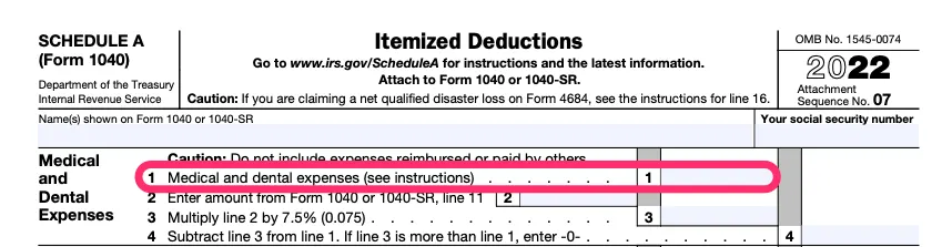 The top part of a blank Schedule A, with line 1, for medical and dental expenses, circled in pink