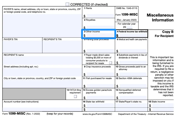 Are Legal Settlements Taxable? | A blank 1099-MISC form with box 3 for "Other Income" circled in blue