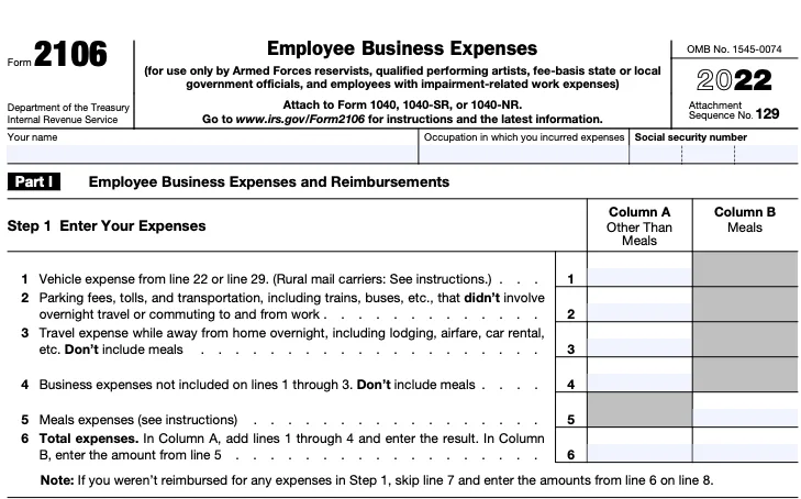 Part of a blank Form 2106, for "Employee Business Expenses"