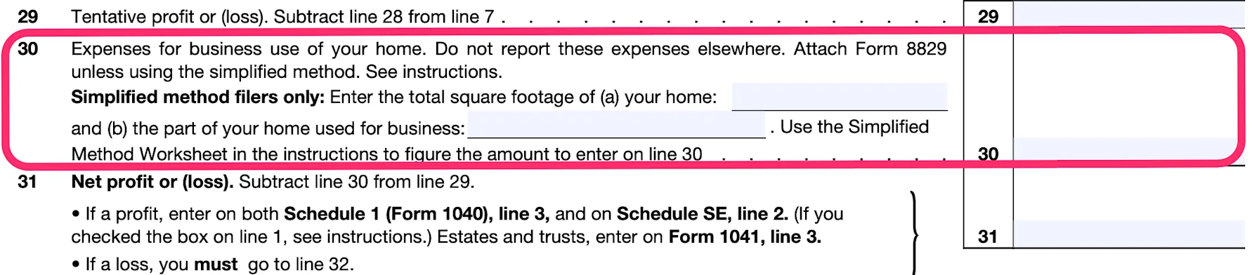 Part of a blank Schedule C, with line 30 — used to claim a home office deduction using the simplified method — circled in pink