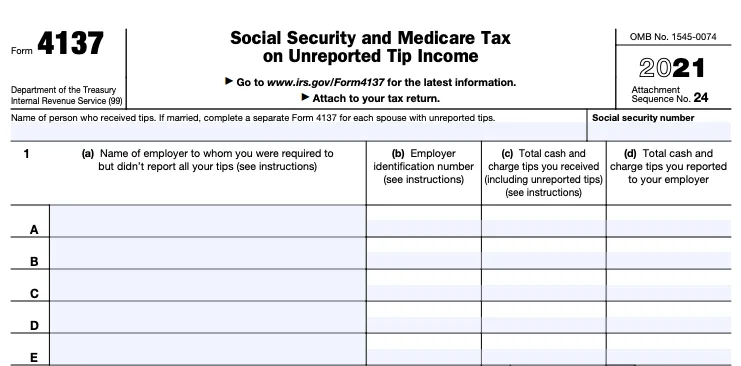 Part of a blank Form 4137, for Social Security and Medicare Tax on Unreported Tip Income