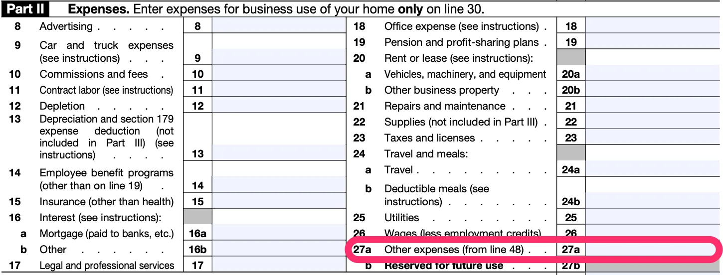 Part II of a blank Schedule C, with line 27a, for "Other expenses," circled in pink