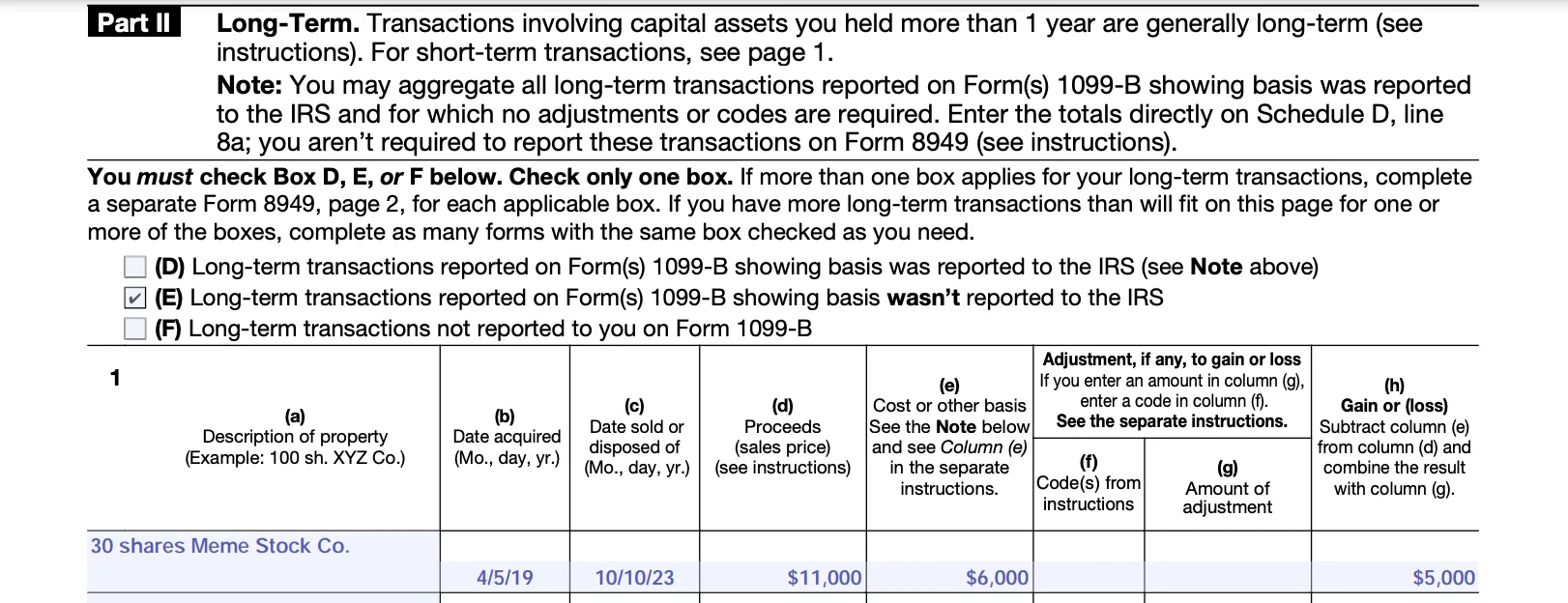 Section 1 of Part 2 of Form 8949